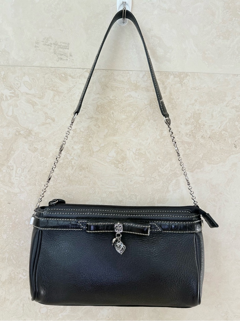 Brighton Black Leather Shoulder Bag Croc Trim with Heart Charms EUC